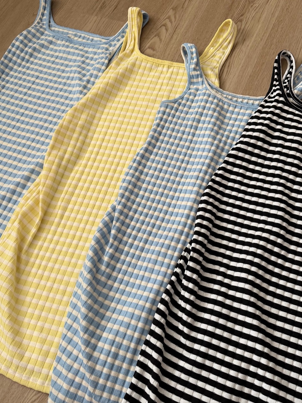 (4) Super comfy Lot of Striped Ribbed Tank Dresses - Yellow, Light Blue & Black